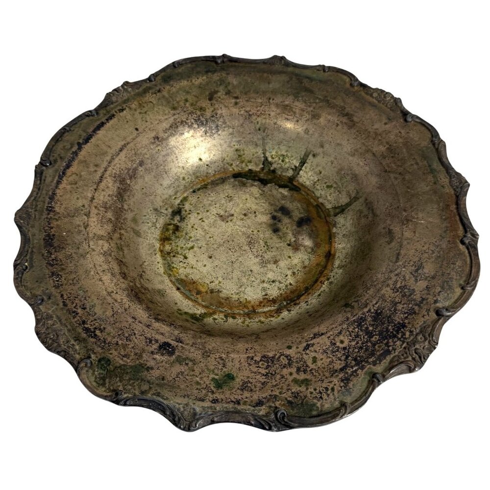 Antique Silver-Plated Ornate Decorative Bowl With Scalloped Edges Floral Details